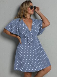 SHEIN Holidaya Plus Polka Dot Tie Front Dress - Dusty Blue - View 1
