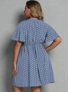 SHEIN Holidaya Plus Polka Dot Tie Front Dress - Dusty Blue - View 2