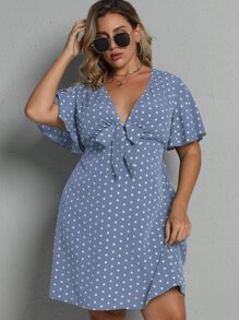 SHEIN Holidaya Plus Polka Dot Tie Front Dress - Dusty Blue - View 4