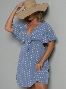 SHEIN Holidaya Plus Polka Dot Tie Front Dress - Dusty Blue - View 5