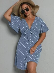 SHEIN Holidaya Plus Polka Dot Tie Front Dress - Dusty Blue - View 6