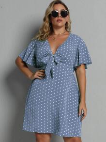 SHEIN Holidaya Plus Polka Dot Tie Front Dress - Dusty Blue - View 7