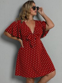 SHEIN Clasi 大碼波卡圓點前繫帶連衣裙 - 紅色 - 查看 1