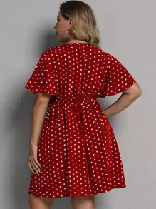 SHEIN Clasi 大碼波卡圓點前繫帶連衣裙 - 紅色 - 查看 2