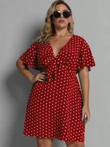 SHEIN Clasi 大碼波卡圓點前繫帶連衣裙 - 紅色 - 查看 3