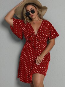 SHEIN Clasi 大碼波卡圓點前繫帶連衣裙 - 紅色 - 查看 4