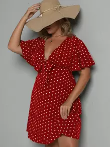 SHEIN Clasi 大碼波卡圓點前繫帶連衣裙 - 紅色 - 查看 5