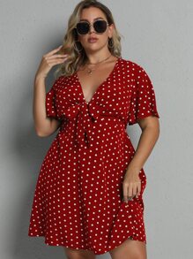 SHEIN Clasi 大碼波卡圓點前繫帶連衣裙 - 紅色 - 查看 6