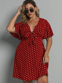 SHEIN Clasi 大碼波卡圓點前繫帶連衣裙 - 紅色 - 查看 8