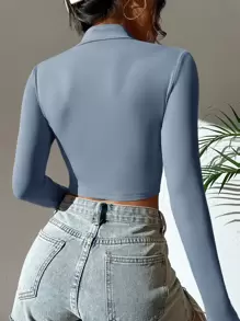 SHEIN Essnce Áo thun nữ Dây kéo màu trơn Giải trí - Màu xanh bụi bặm - Xem 2