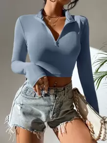 SHEIN Essnce Áo thun nữ Dây kéo màu trơn Giải trí - Màu xanh bụi bặm - Xem 3