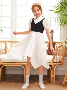 SHEIN 女孩泡泡袖手帕下擺襯衫洋裝和吊帶上衣