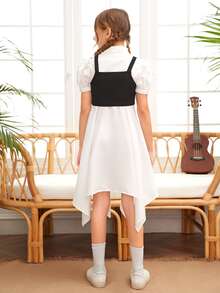 SHEIN 女孩泡泡袖手帕下擺襯衫洋裝和吊帶上衣