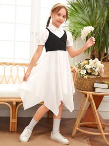 SHEIN 女孩泡泡袖手帕下擺襯衫洋裝和吊帶上衣