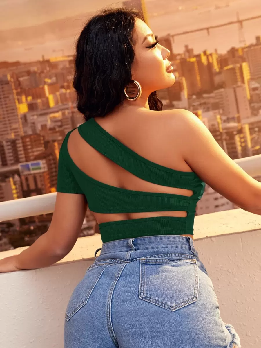 SHEIN SXY Solid One Shoulder Cut Out Rib Knit Crop Top - Dark Green - View 1