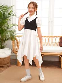 SHEIN 女孩泡泡袖手帕下擺襯衫洋裝和吊帶上衣