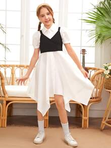 SHEIN 女孩泡泡袖手帕下擺襯衫洋裝和吊帶上衣