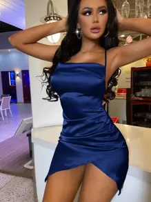 SHEIN SXY 垂領鬱金香下擺露背交叉緞面吊帶連衣裙 - 寶藍色 - 查看 1