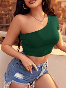 SHEIN SXY Solid One Shoulder Cut Out Rib Knit Crop Top - Dark Green - View 4