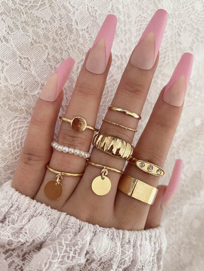 9pcs Faux Pearl & Rhinestone Minimalist Gold Ring Set For Men & Women, Daily Wear