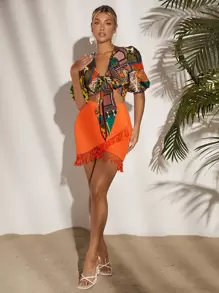 SHEIN SXY 流蘇邊裹身裙 - 橘色 - 查看 3