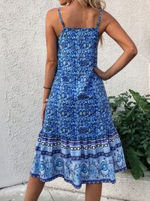 Floral Print Ruffle Hem Cami Dress - Blue - View 2
