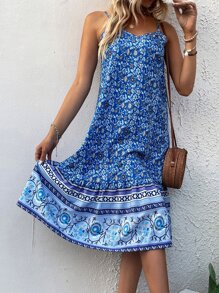 Floral Print Ruffle Hem Cami Dress - Blue - View 7
