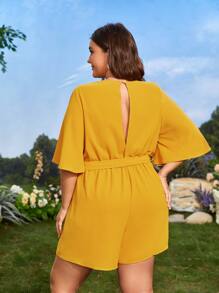 Plus Lace Trim Butterfly Sleeve Belted Romper - Mustard Yellow - View 2