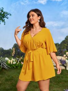 Plus Lace Trim Butterfly Sleeve Belted Romper - Mustard Yellow - View 3
