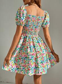 Floral Print Shirred Puff Sleeve Knot Front Dress - Multicolor - View 2