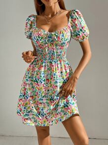Floral Print Shirred Puff Sleeve Knot Front Dress - Multicolor - View 4
