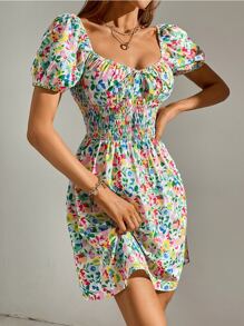 Floral Print Shirred Puff Sleeve Knot Front Dress - Multicolor - View 5