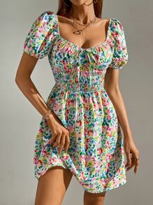 Floral Print Shirred Puff Sleeve Knot Front Dress - Multicolor - View 6