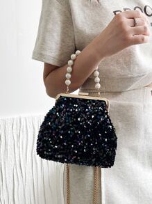 Mini Faux Pearl Beaded Chain Sequin Bucket Bag - Black - View 1