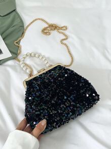 Mini Faux Pearl Beaded Chain Sequin Bucket Bag - Black - View 2