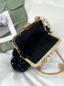Mini Faux Pearl Beaded Chain Sequin Bucket Bag - Black - View 3