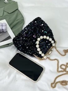 Mini Faux Pearl Beaded Chain Sequin Bucket Bag - Black - View 4