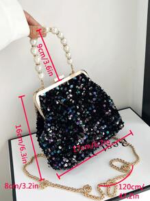 Mini Faux Pearl Beaded Chain Sequin Bucket Bag - Black - View 5