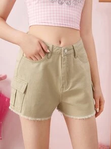 素色毛邊牛仔工裝短褲 - 卡其色 - 查看 1