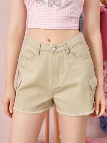 素色毛邊牛仔工裝短褲 - 卡其色 - 查看 4
