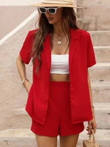 SHEIN Clasi Lapel Neck Split Side Blouse & High Waist Shorts - Red - View 1