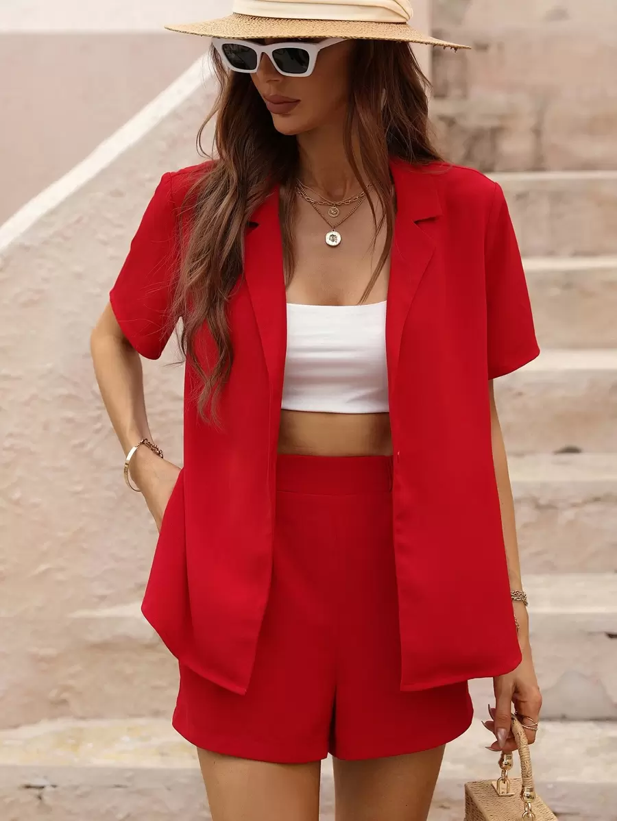 SHEIN Clasi Lapel Neck Split Side Blouse & High Waist Shorts - Red - View 1