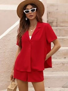 SHEIN Clasi Lapel Neck Split Side Blouse & High Waist Shorts - Red - View 4