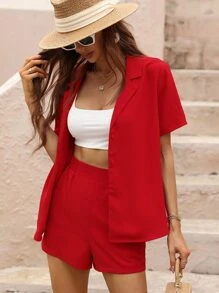 SHEIN Clasi Lapel Neck Split Side Blouse & High Waist Shorts - Red - View 6