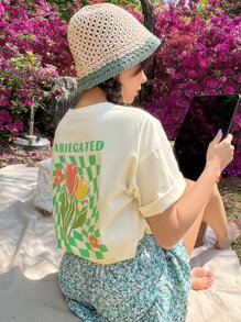 DAZY Áo thun nữ Hoa Lá thư Giải trí - Màu be - Xem 8