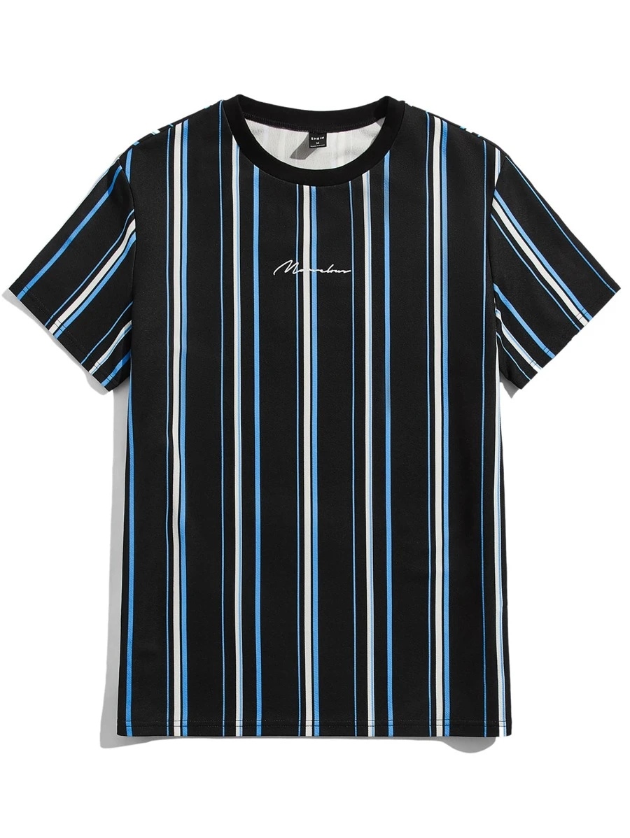 Manfinity VCAY Men Letter Graphic Striped Tee, Summer - Blue - View 1