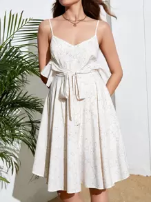 Allover Floral Print Backless Tie Front Ruffle Trim Cami Dress - Multicolor - View 3