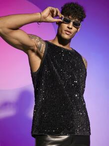 FeverCity Men Contrast Binding Sequin Tank Top - Black - View 1
