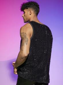 FeverCity Men Contrast Binding Sequin Tank Top - Black - View 2