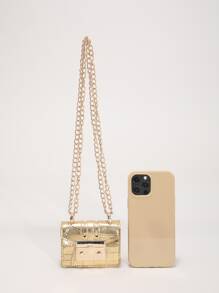 Bolso De Hombro/cruzado Minimalista Con Cadena Y Estampado De Cocodrilo En Miniatura - Dorado - Ver 5